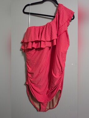 SWIM by Cacique 32 Plus One Piece Swimsuit Pink White Polka Dot One Shoulder